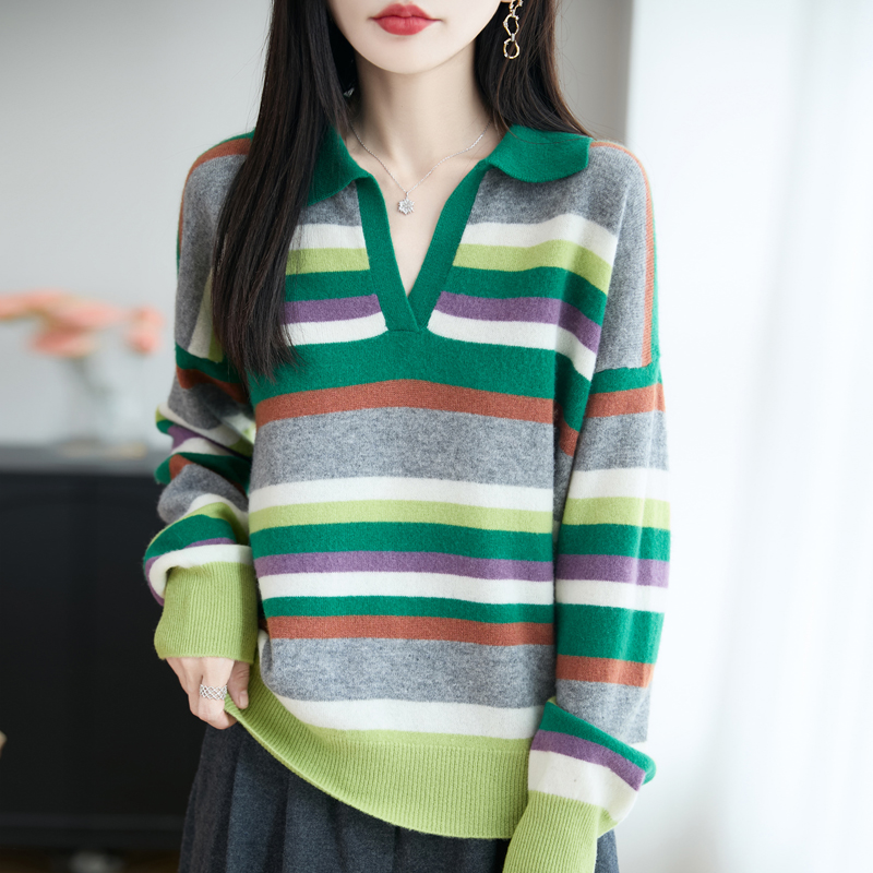 谁穿谁美~秋冬新款剪刀领彩条长袖羊毛衫女毛衣针织衫百搭气质