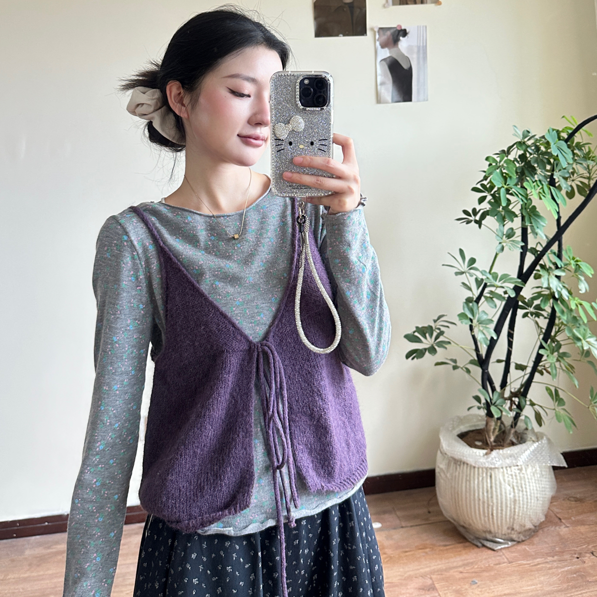韩系碎花打底撞设色针织马甲真两件时尚百搭