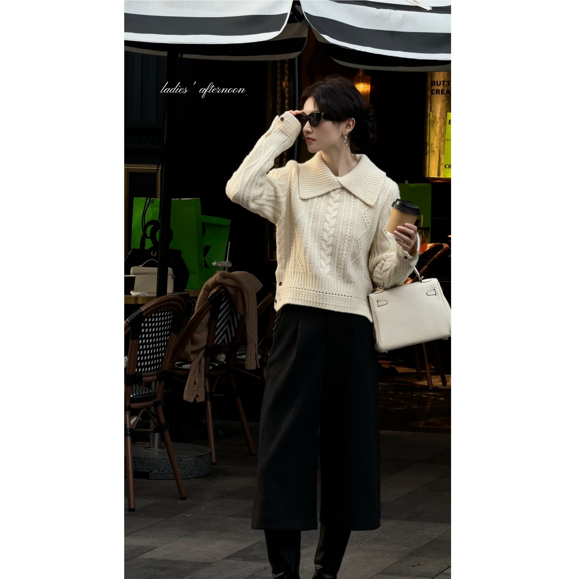 花泳娜丨100%羊毛冬季针织慵懒风翻领长袖毛针织衫上衣ICHHX4414