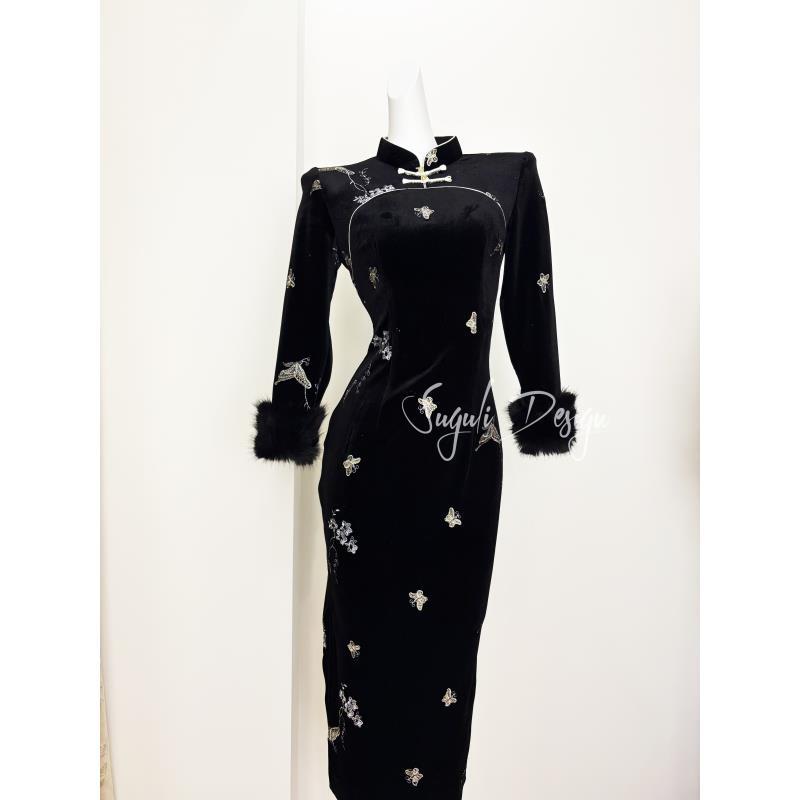 苏故里【蝶舞翩翩】新款冬季加绒加厚气质女人味显瘦改良旗袍