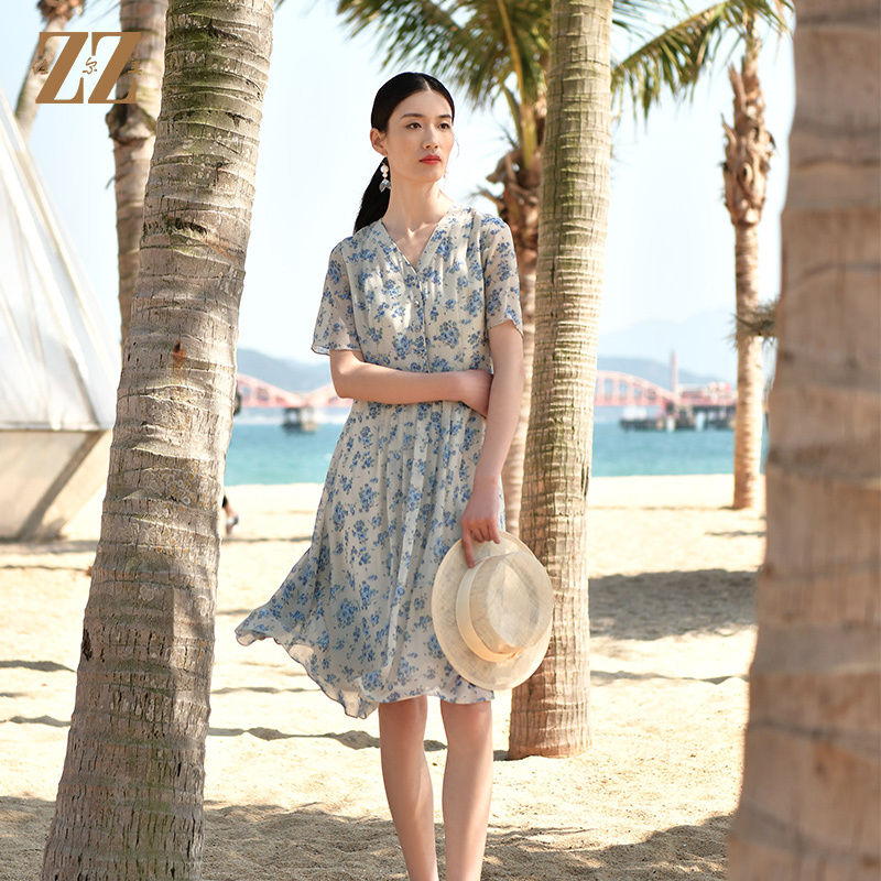 佐尔美夏季新款 真丝乔其V领碎花100%桑蚕丝真丝连衣裙女E32LS59