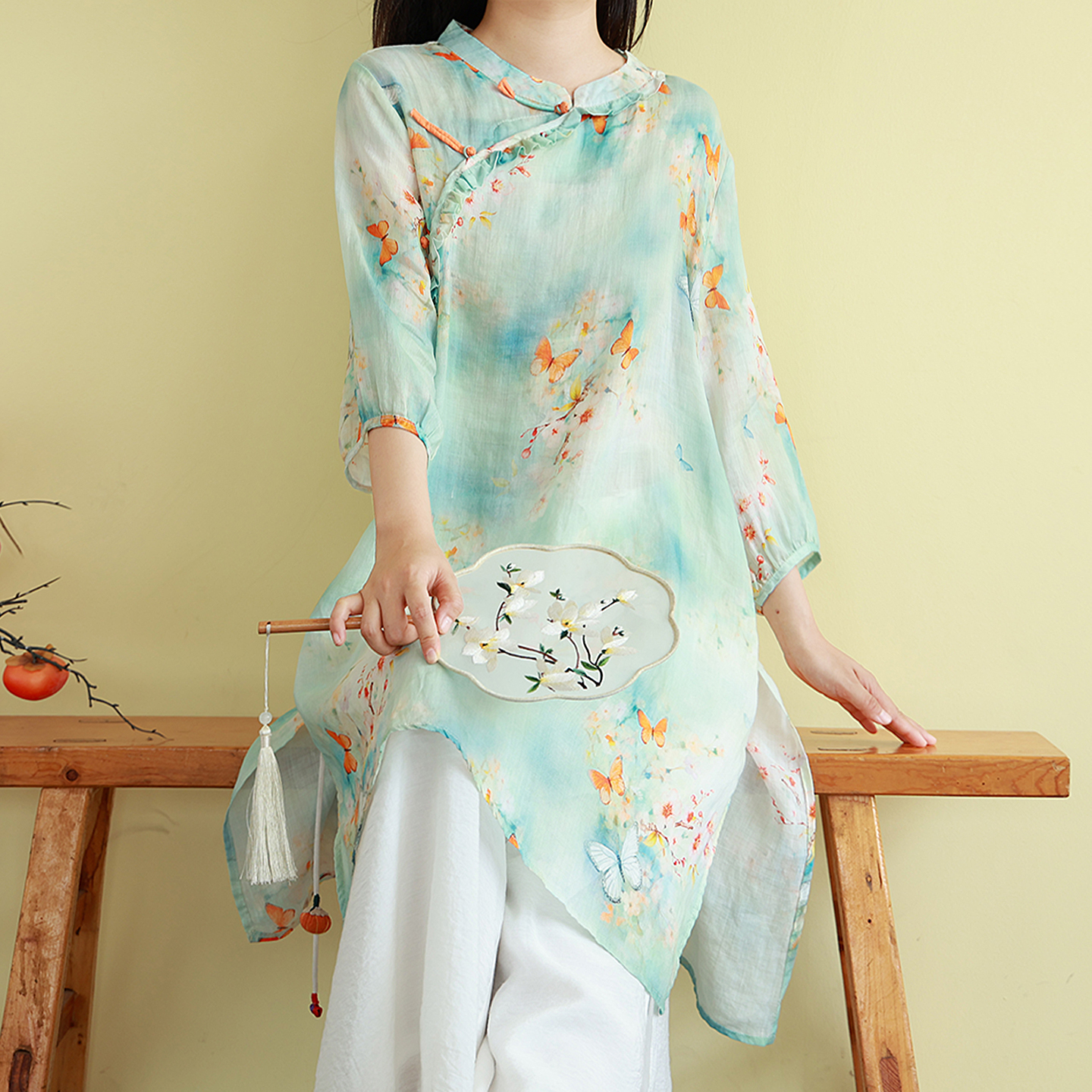 文艺国风刺绣苎麻衬衫女夏薄木耳边禅意茶服宽松中长款印花上衣裙