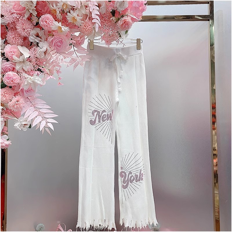 A1044欧美设计师2025早春新款重工烫钻字母弹力烂边针织休闲裤女