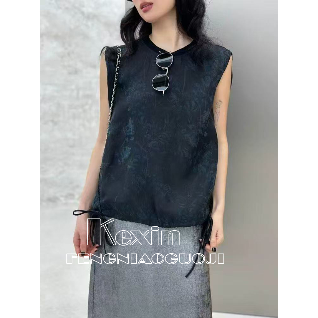 修身型时尚套头印花蕾丝无袖百搭复古新中式打底衫衬衫