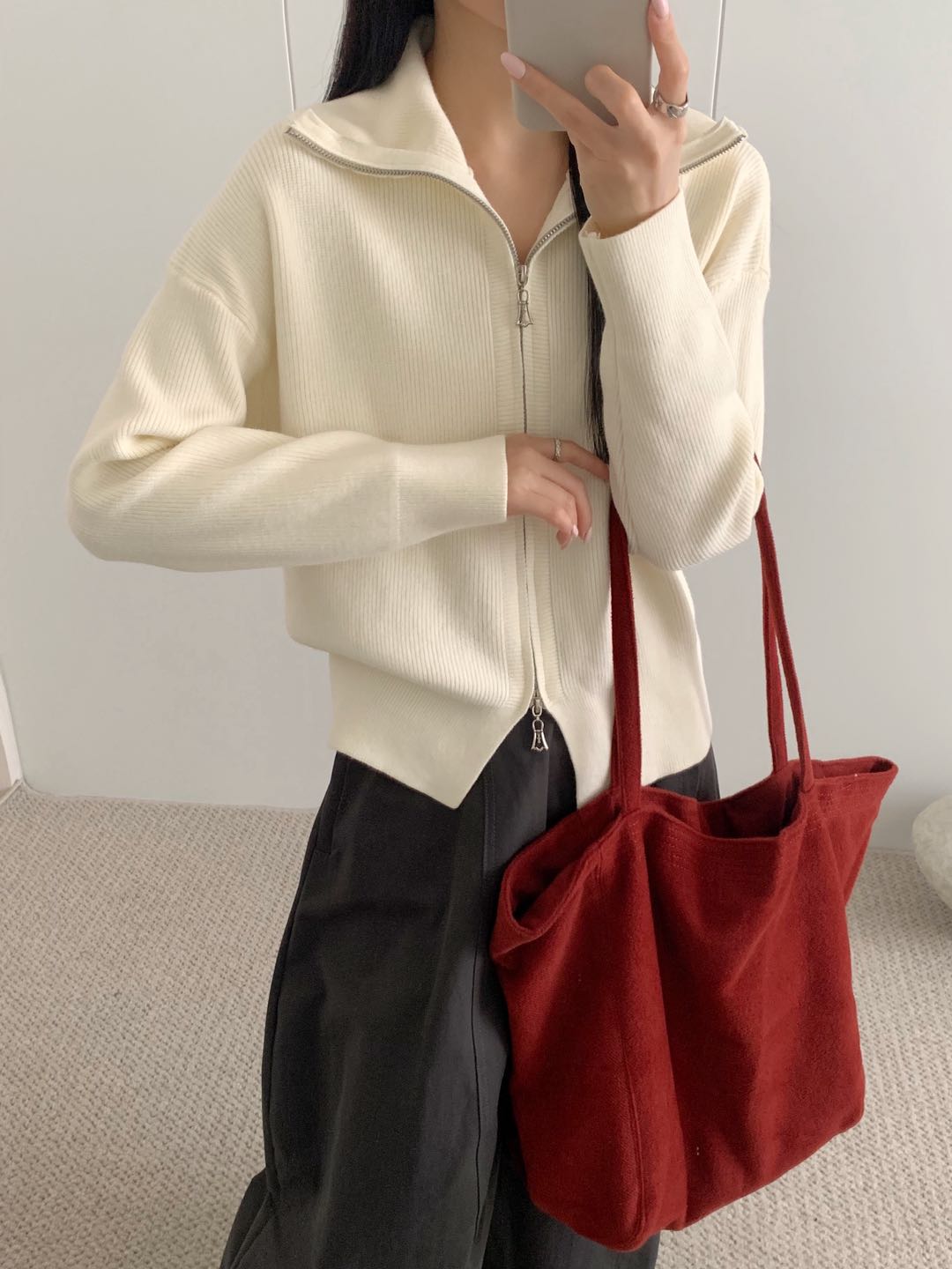 25111秋冬新款翻领开衫双拉链2025毛衣外套女气质上衣