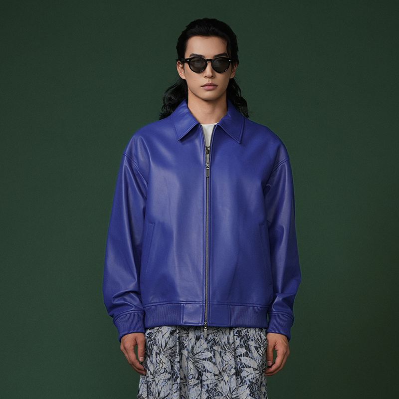 哑光蓝色绵羊皮翻领宽松真皮皮衣外套夹克迪伦大叔537510