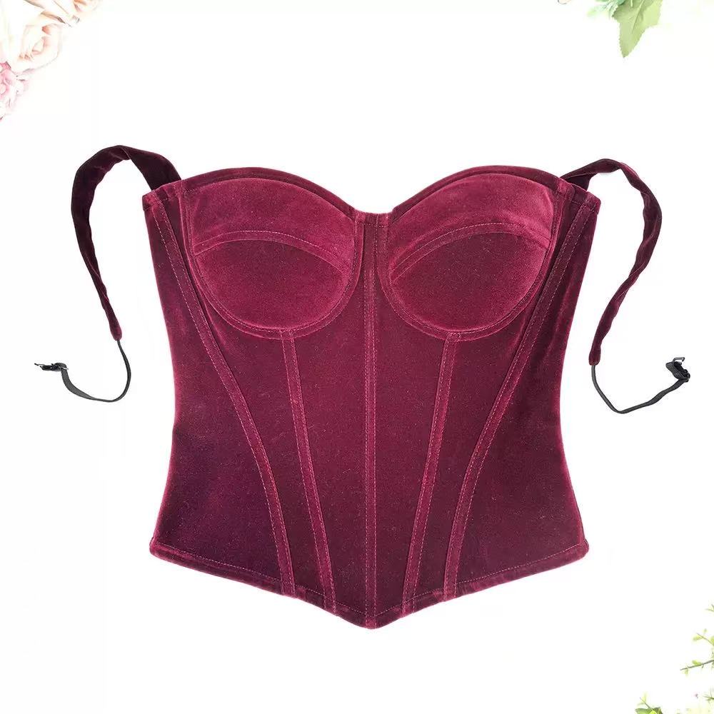 迪丽热巴同款酒红色丝绒法式鱼骨胸衣外穿收腹束腰塑身内搭抹胸