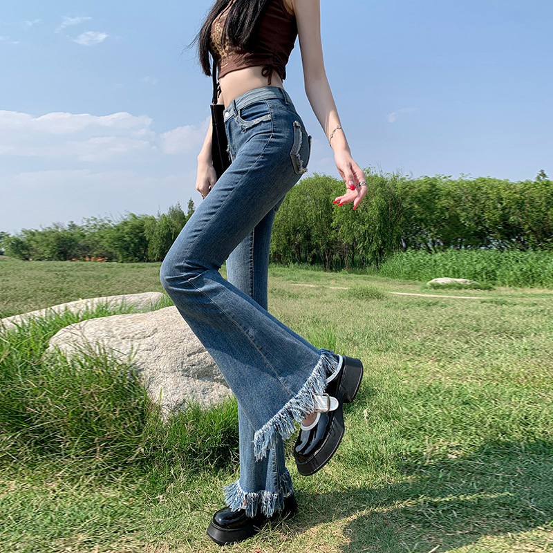 春秋小众设计流苏毛边牛仔裤女喇叭裤高腰修身显瘦微喇长裤外穿