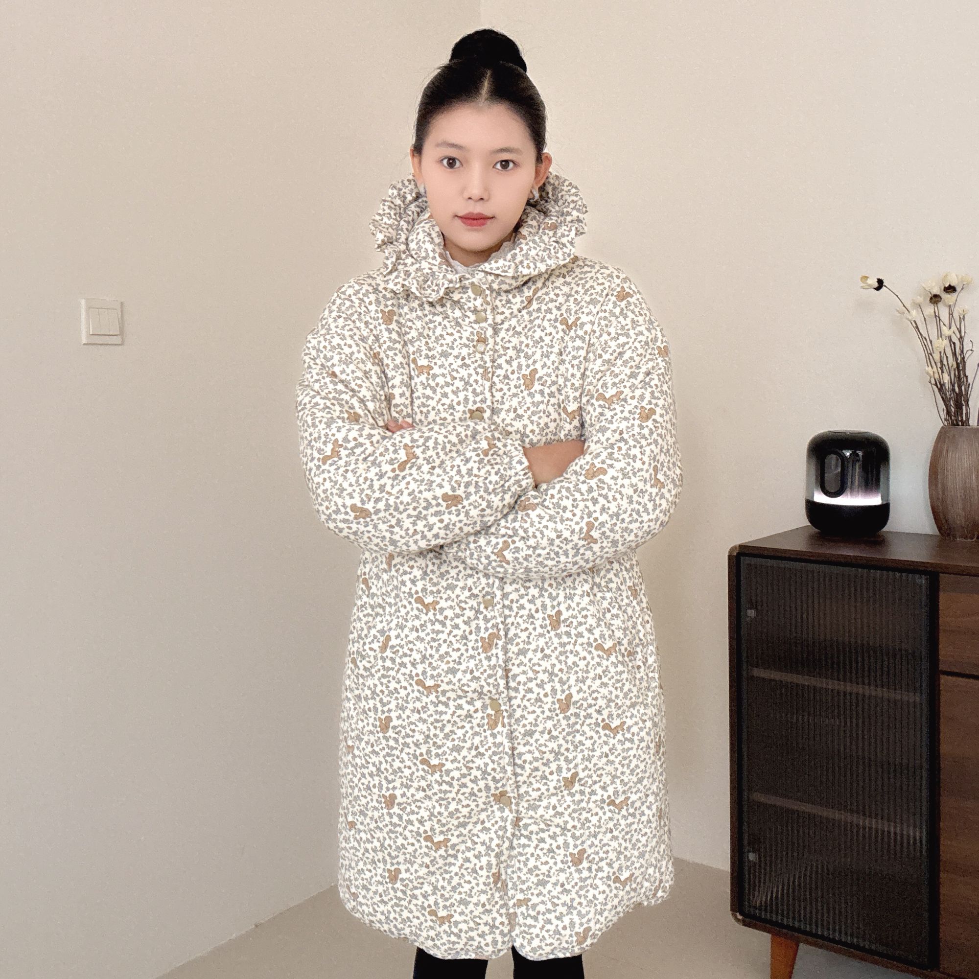 【小松鼠】300g新疆棉花边帽收腰中长款宽松家居服女保暖棉衣棉服
