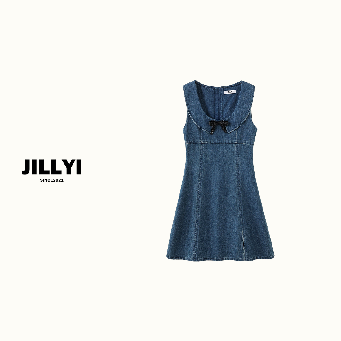 JILLYI南山店【碧波海盐】夏季时尚气质修身U领蝴蝶结无袖牛仔连衣