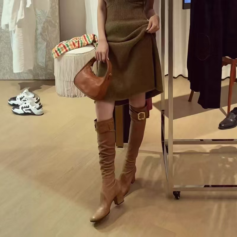 复古mui家皮带扣高跟长靴秋冬时尚气质弹力靴方头粗跟网红时装靴