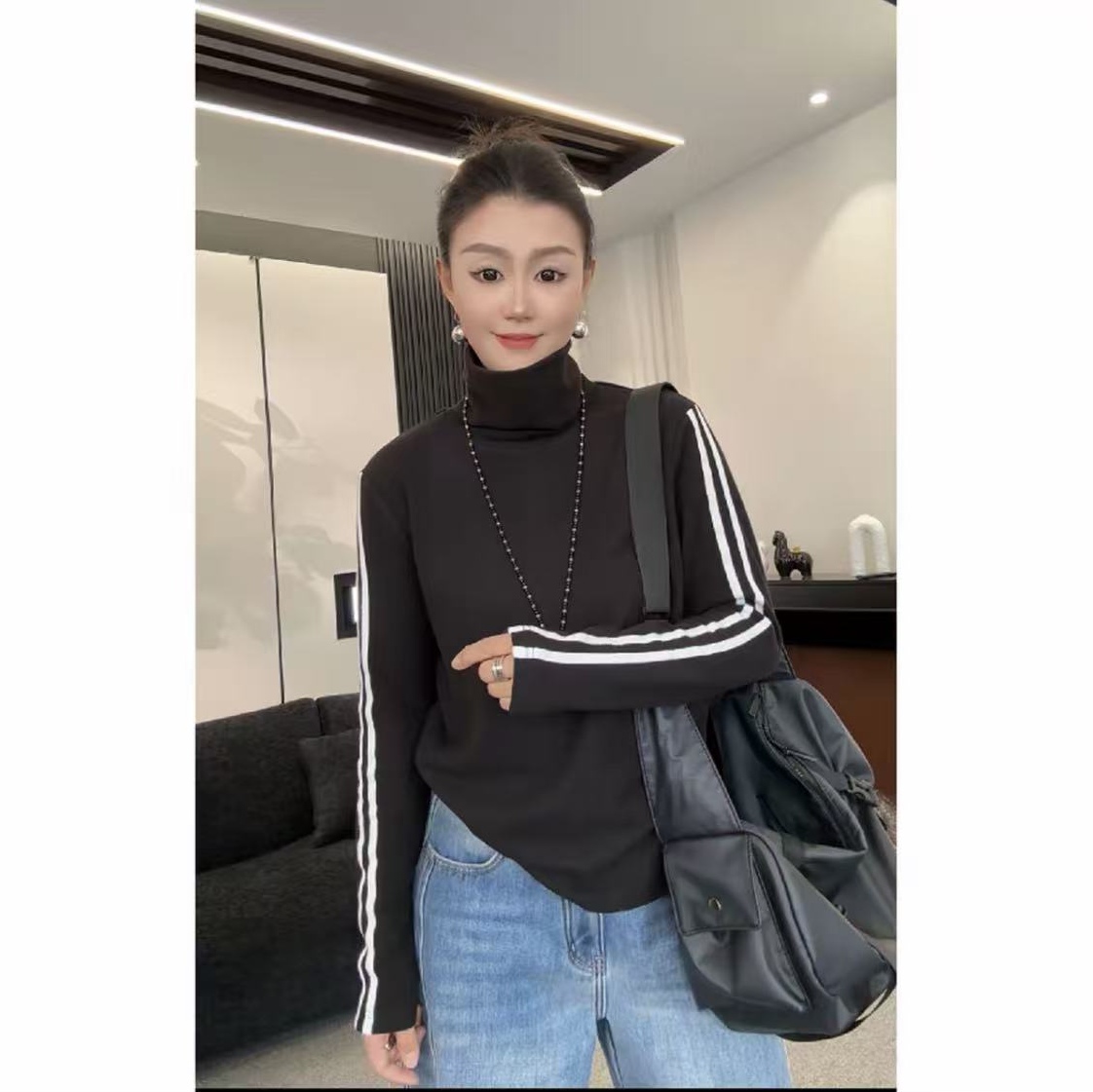 7930冬季2025保暖堆堆领拼接长袖简约双面加厚绒高领织带上衣