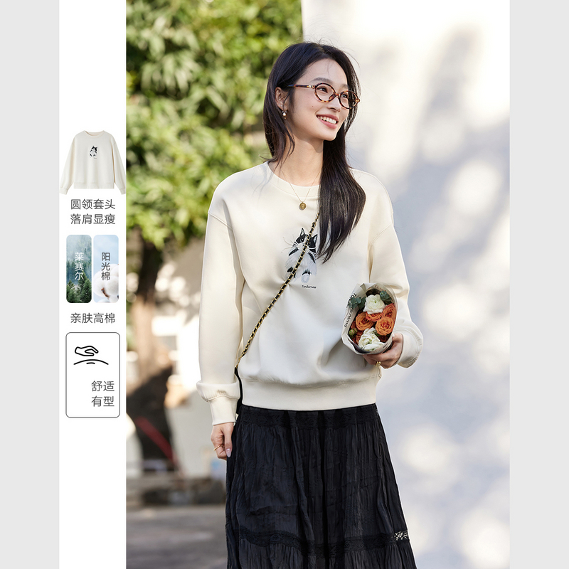 *含莱赛尔+棉时尚趣味猫咪印花卫衣春款百搭上衣女A0503