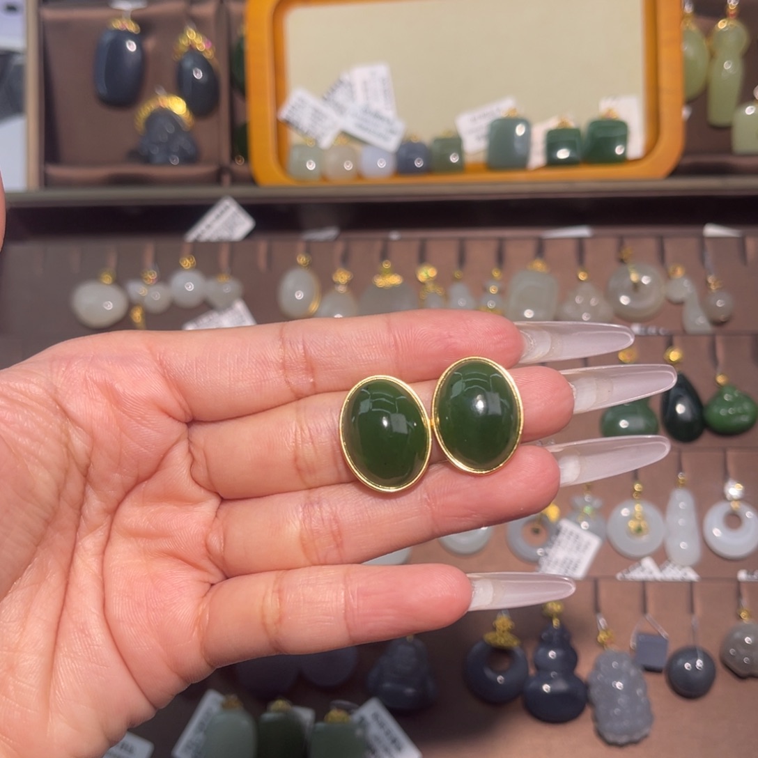 和田玉银S925镀金镶嵌耳饰