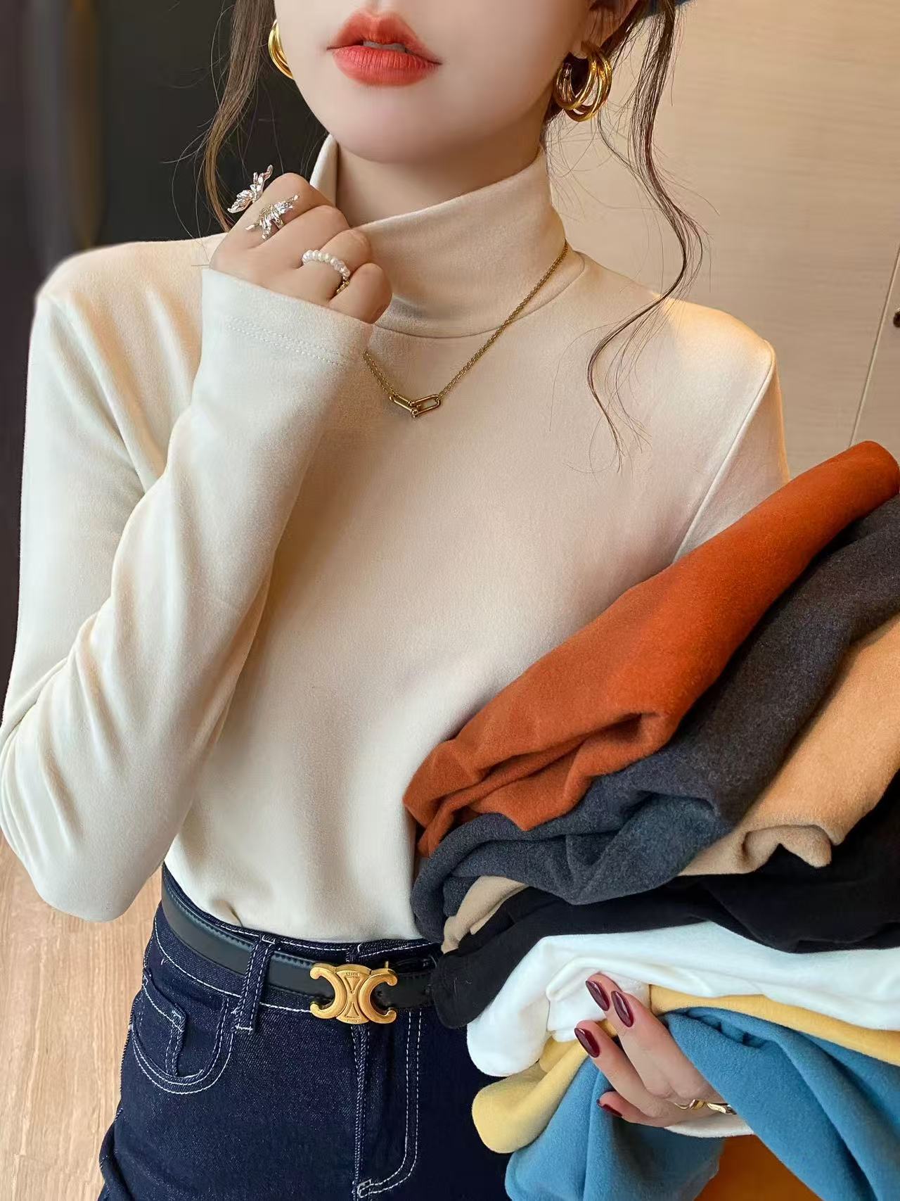 两件装高领时尚半高领长袖女士秋冬打底T恤显瘦保暖女
