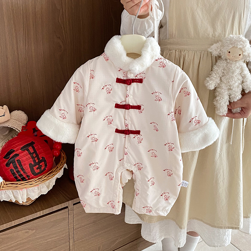 婴儿衣服冬装加绒连体衣小月龄女宝宝新中式加厚保暖百天外出爬服