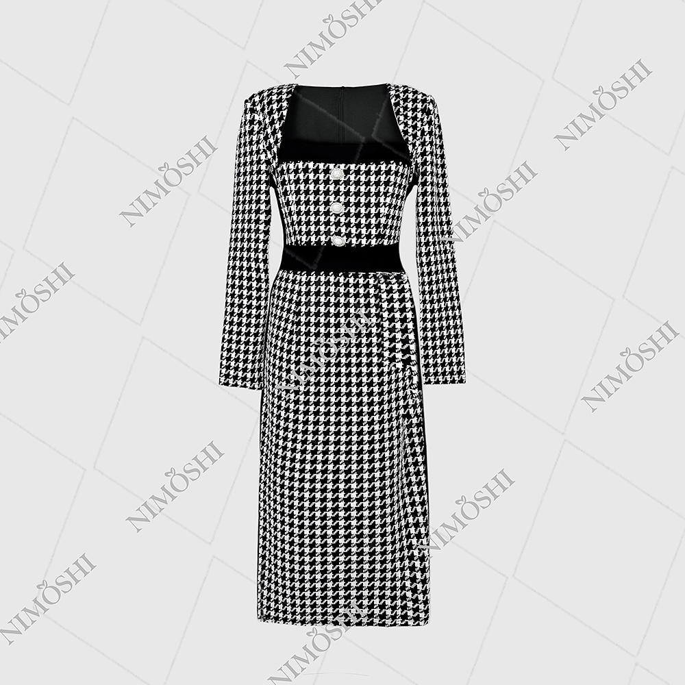 NIMOSHI【莎莎】新款时尚轻奢小众镶钻气质显瘦款连衣裙女Q1043