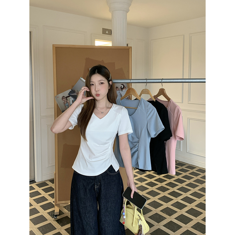 33655夏装新款胖mm大码女时尚百搭v领开叉遮肚显瘦短袖T恤