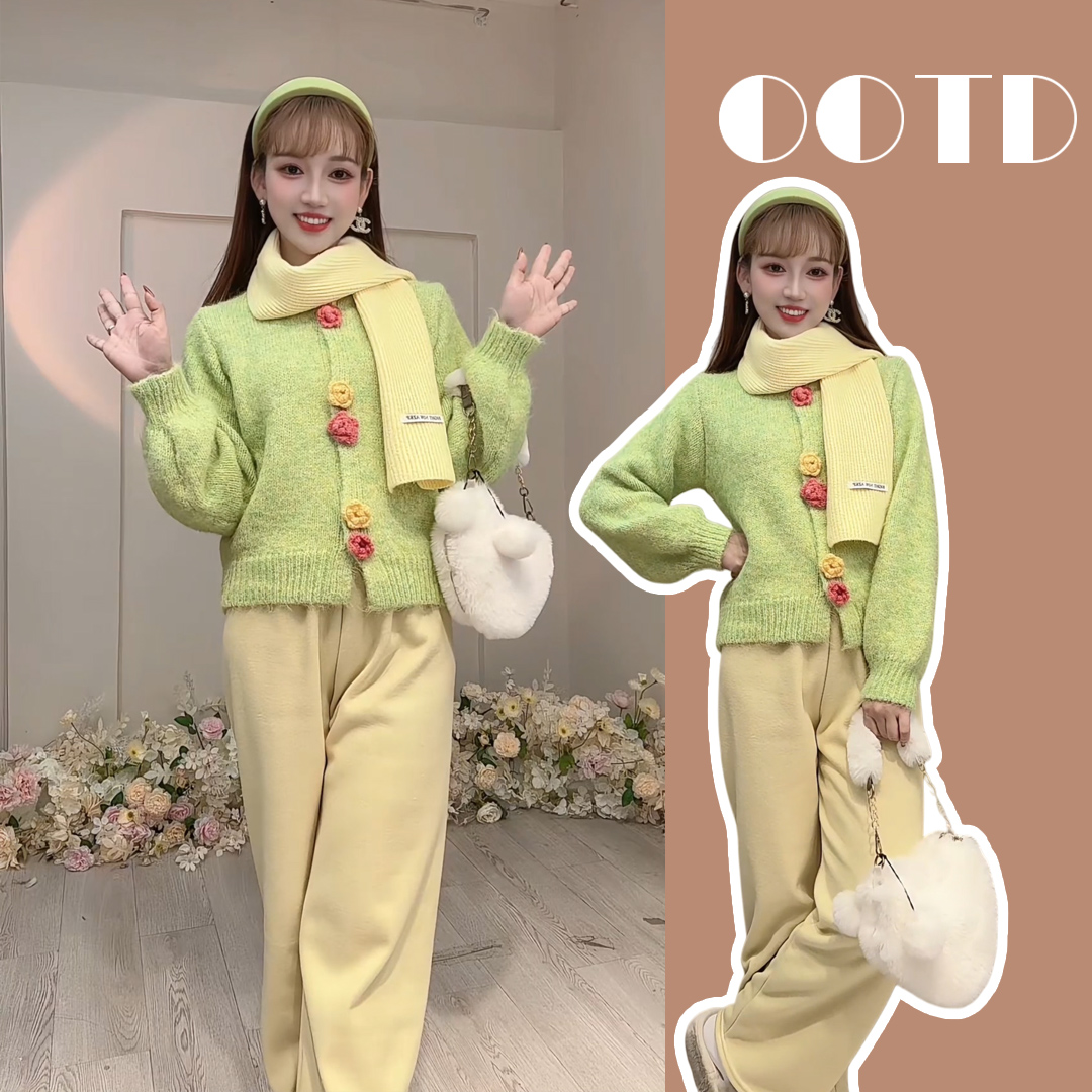 【三件套】A931秋冬甜美加厚毛针织花朵开衫+加绒云朵裤套装