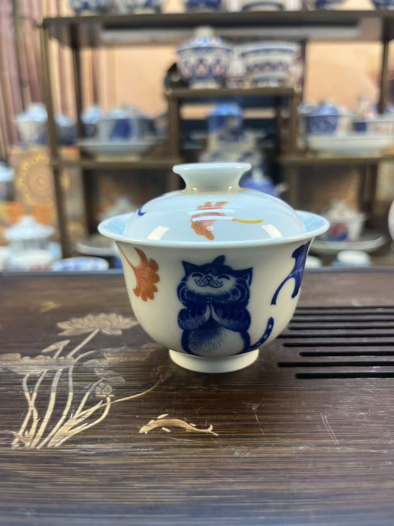 景德镇陶瓷高端精工手工手绘一夜暴富许愿猫盖碗