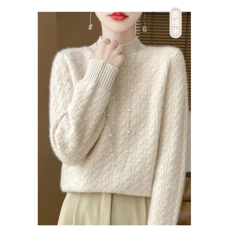 100%羊毛七针加厚半高领重磅宽松大扭花针织衫D093