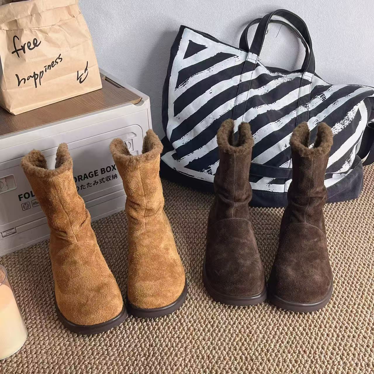 XK  复古厚底雪地靴女2025冬新款圆头一脚蹬百搭休闲加绒舒适保暖