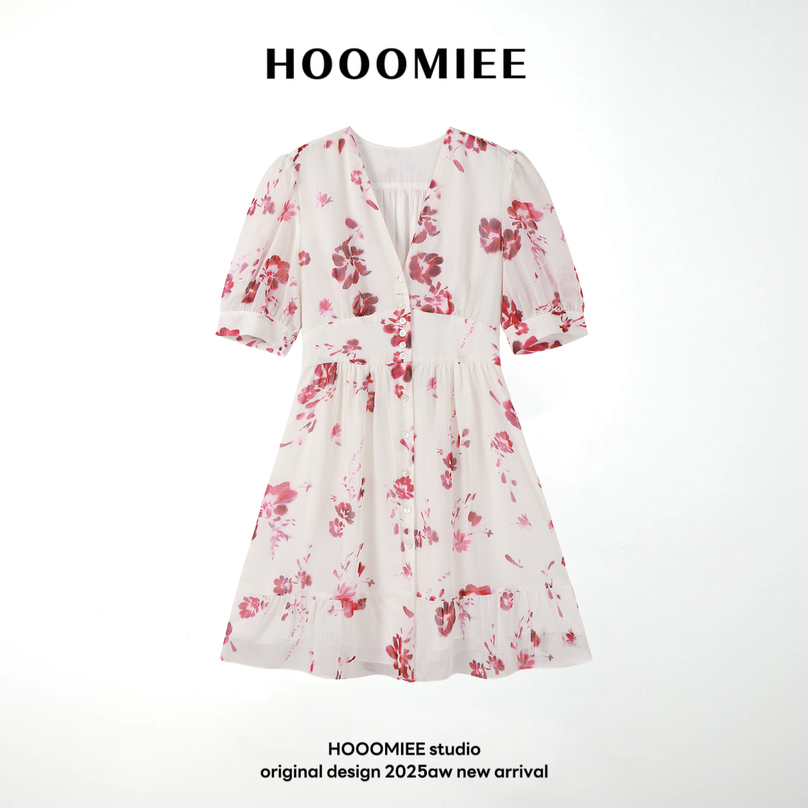 Hooomiee夏季碎花中长款连衣裙法式收腰V领印花裙243505