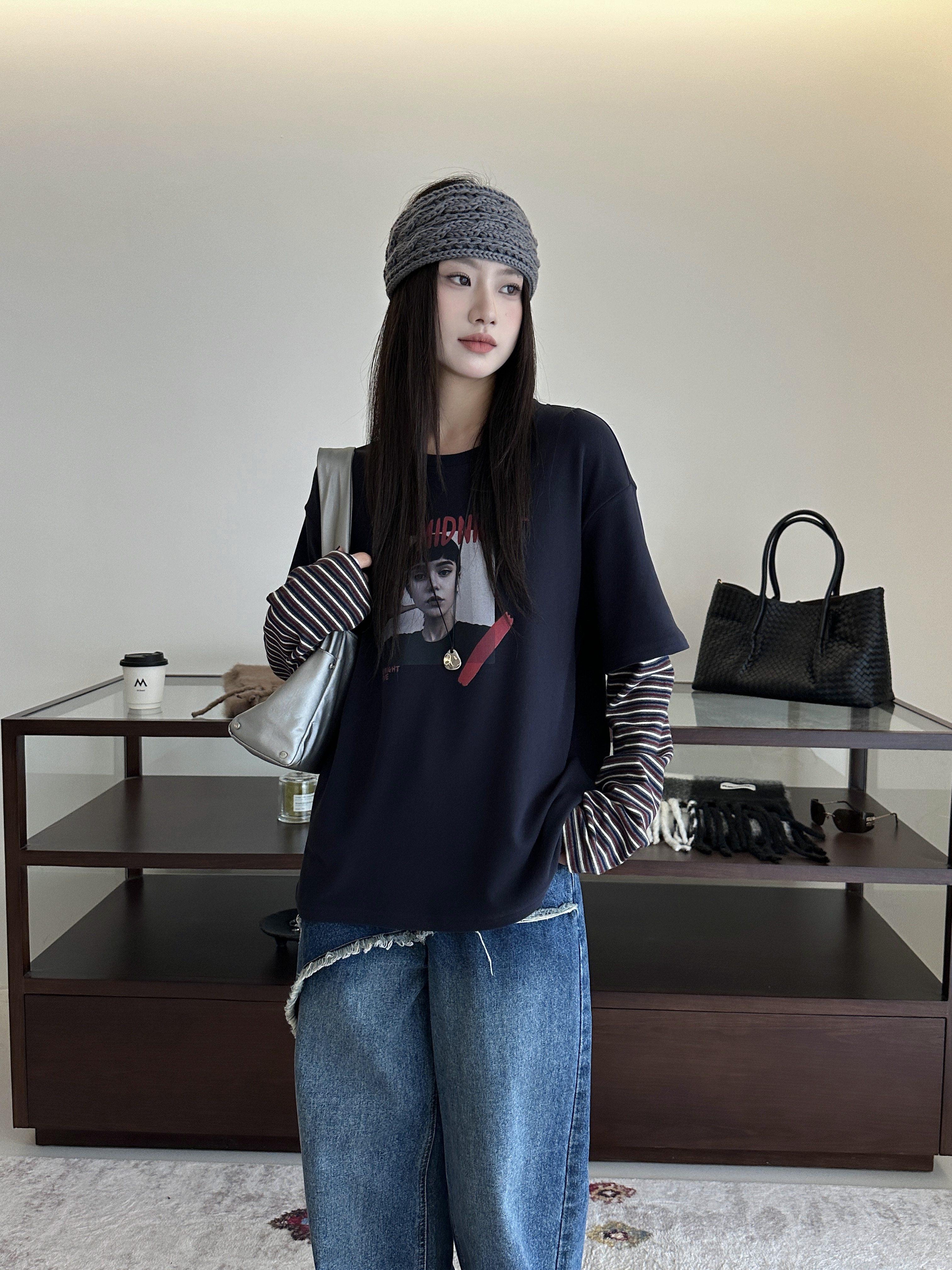 温柔瑶-M77-88670#美式复古潮流条纹拼接圆领上衣