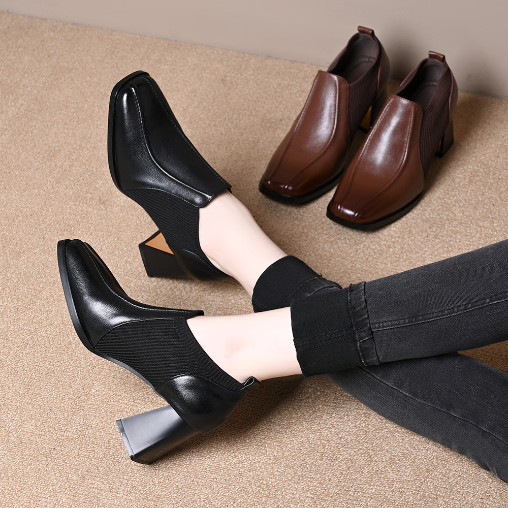 头层牛皮方头针织拼接深口单鞋女2025春秋新款舒适一脚蹬高跟皮鞋