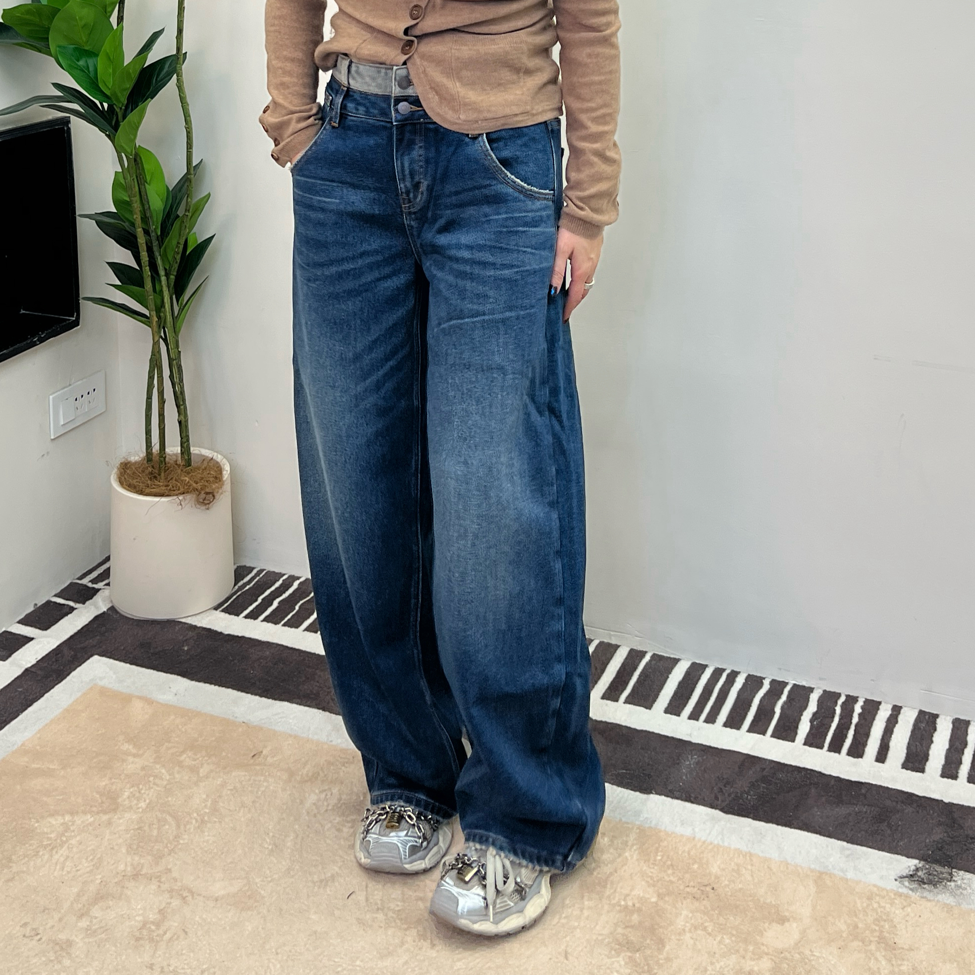 JJ私服 蓝色加绒高腰阔腿显瘦牛仔裤秋冬新款