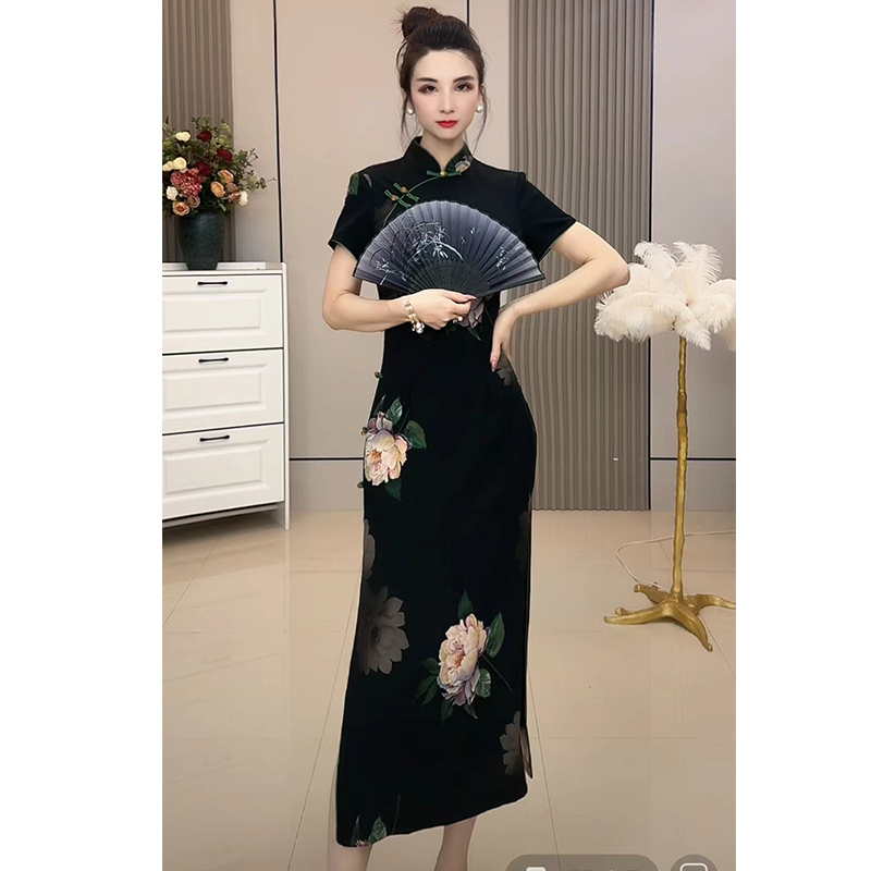 YY黑色旗袍新款2024新款复古气质新中式连衣裙夏季改良花朵女313