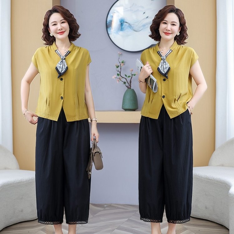 夏季中老年女士法式优雅丝巾领衬衫阔腿裤套装