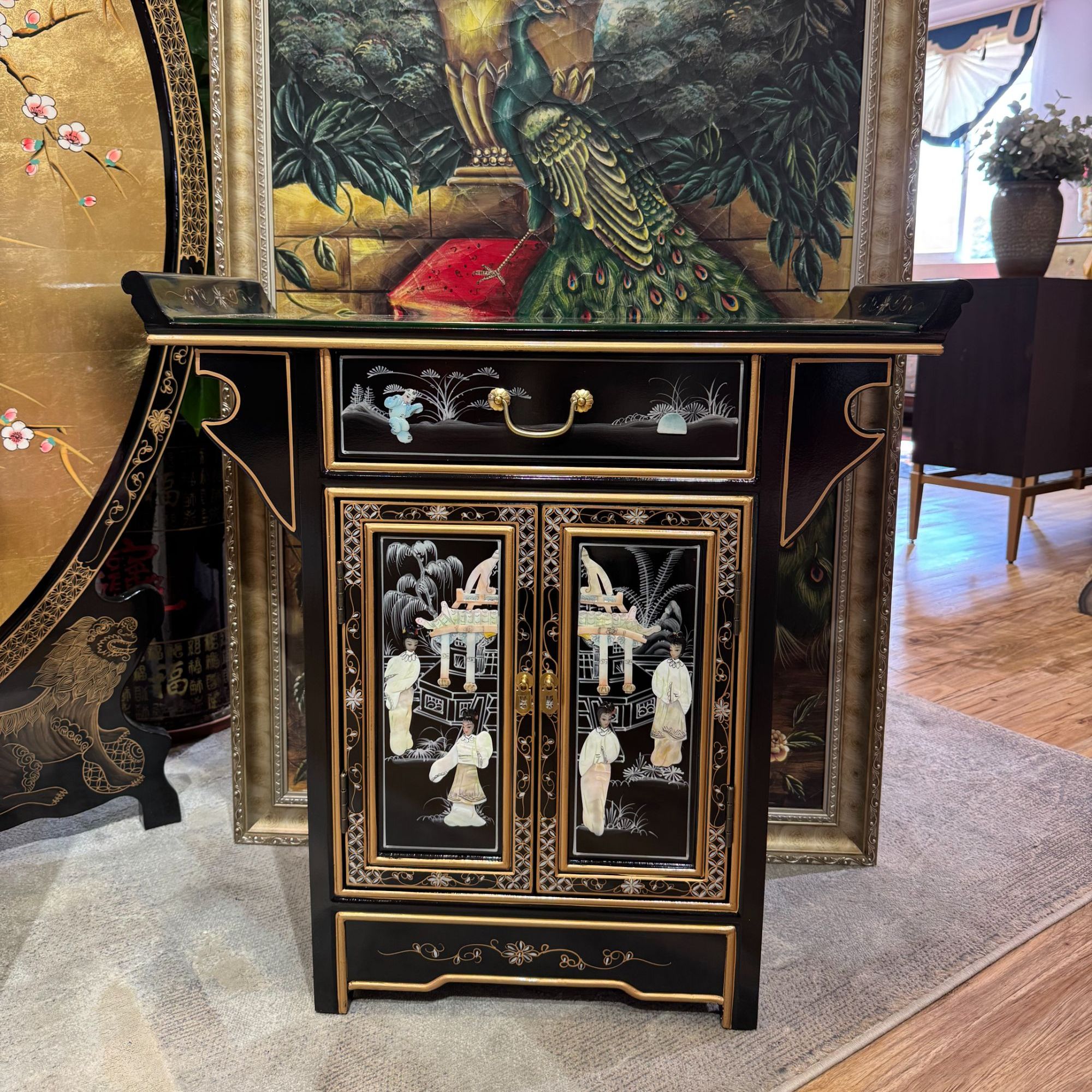 新中式复古雕花手绘高奢螺钿北海贝雕玄关柜隔断储物柜两门一斗柜