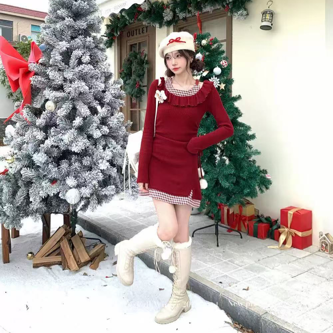 【安心推荐】圣诞初雪甜欲风红色连衣裙女冬季新年穿搭露肩针织短裙