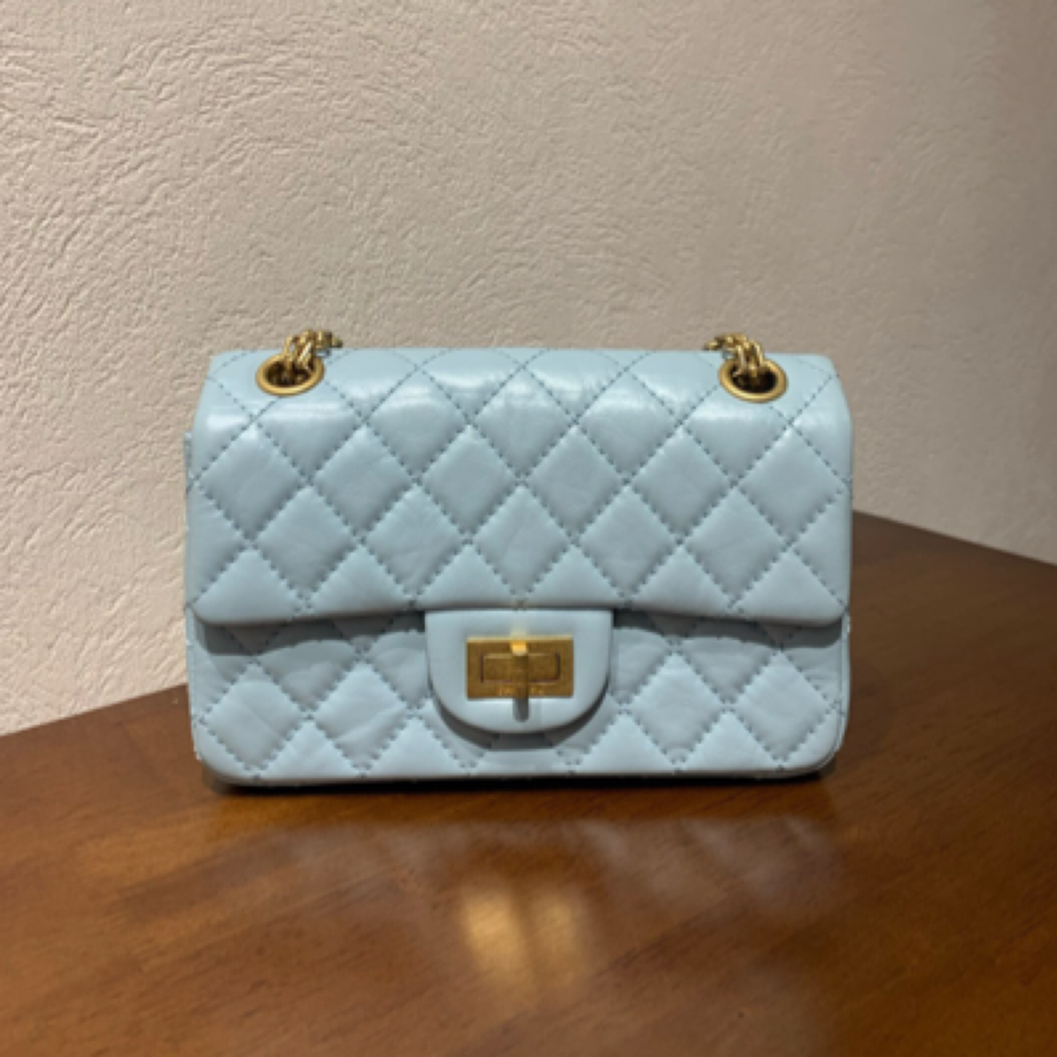 99新 Chanel/香奈儿 22P淡蓝色复古牛2.55 mini时尚单肩斜挎包