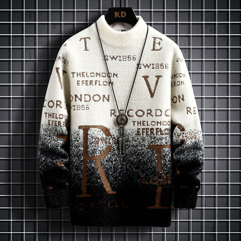 水貂绒毛衣男秋冬渐变加厚保暖内搭打底衫宽松潮流半高领套头线衣