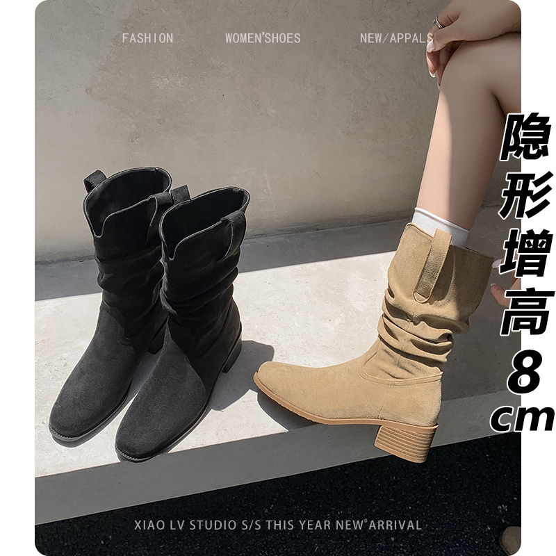 美拉德靴子女大码新款粗跟胖mm中筒靴大筒围西部牛仔堆堆靴马丁靴