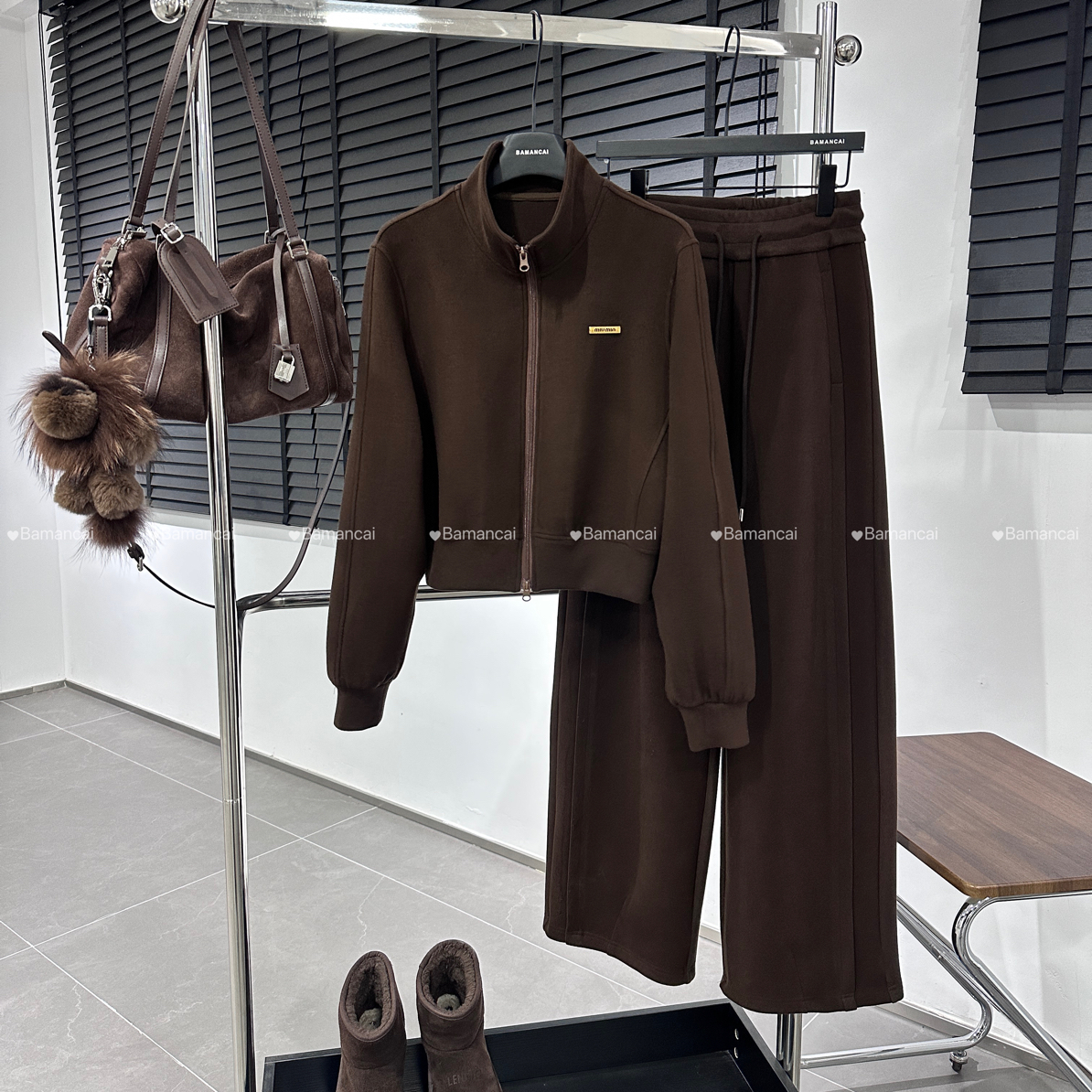 Bamancai羊毛莱赛尔美拉德立领拉链卫衣外套休闲裤保暖时尚套装女