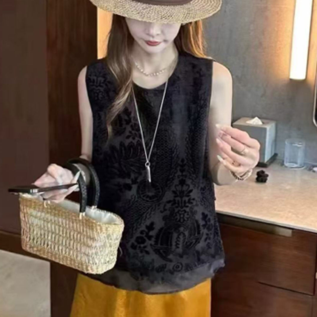 丝绒烧花无袖坎肩款高级感气质背心小衫