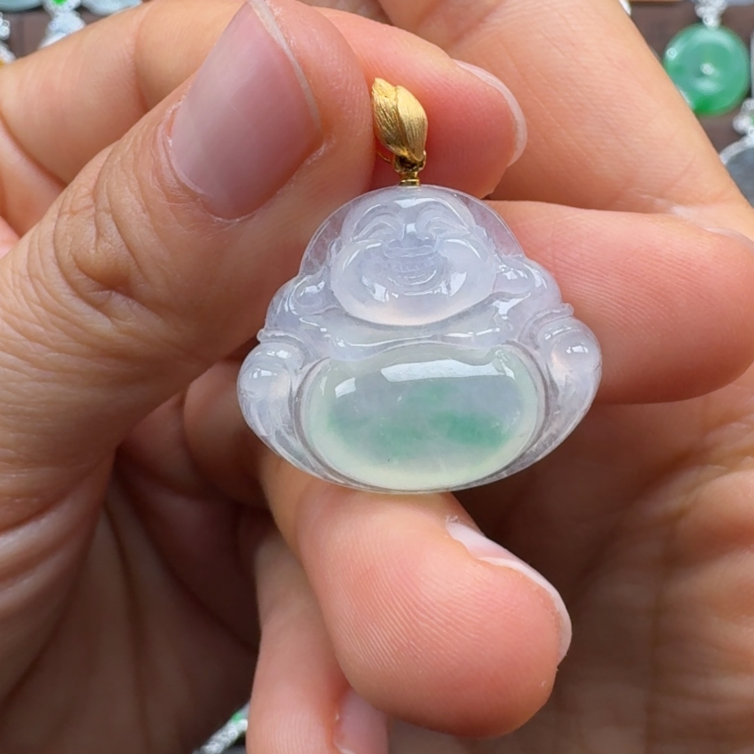 翡翠18K金镶嵌吊坠(赠链)冰种肚里藏金金丝绿佛公