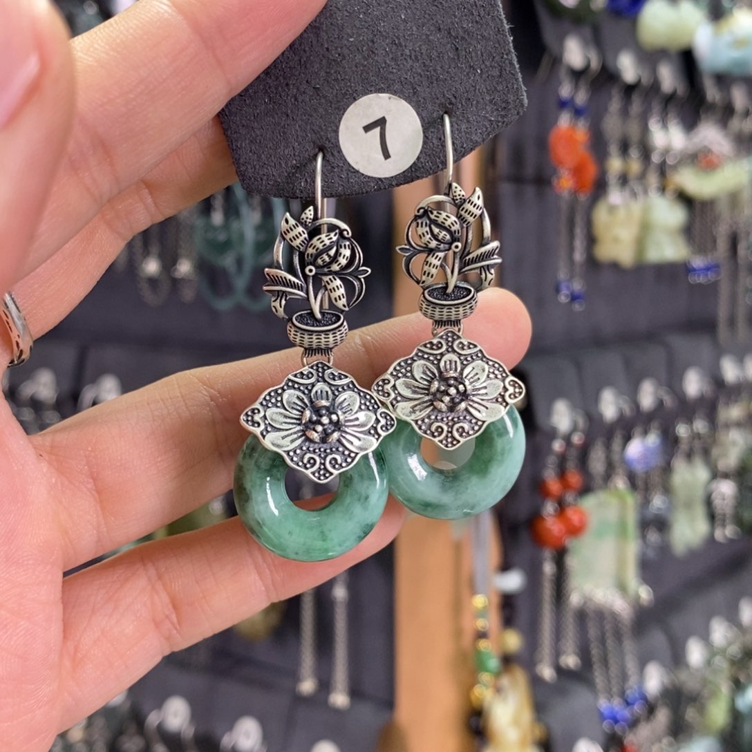 翡翠耳饰银S925镶嵌夏**炎X45