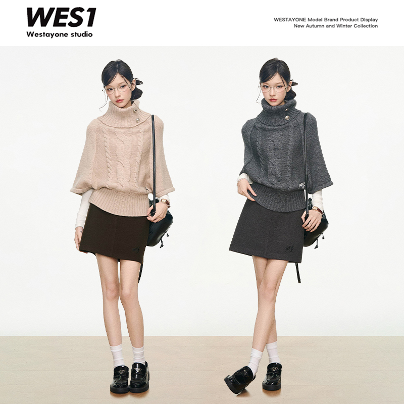 8.12新品 WESTAYONE高领银扣毛衣上衣女针织衫+连衣裙+短裙套装