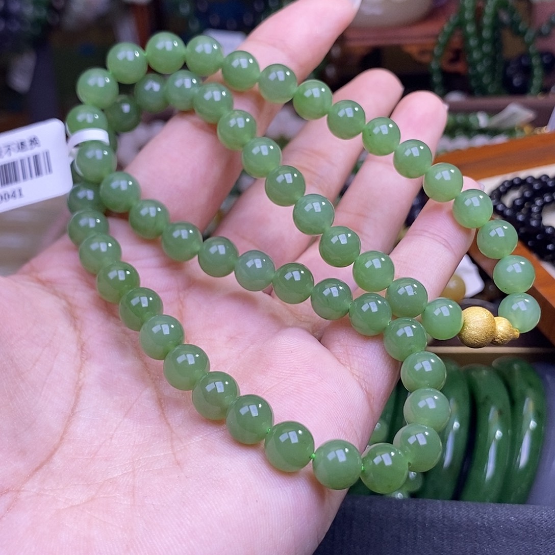 和田玉未镶嵌颈饰碧玉果绿老矿料妈妈链8mm 