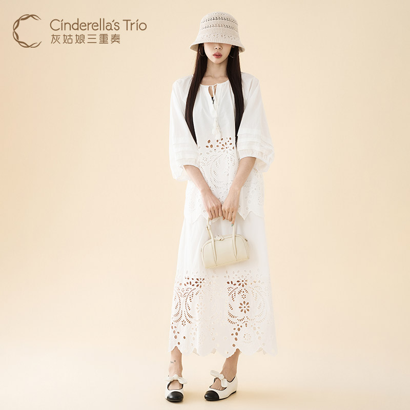 灰姑娘三重奏C·夏新款时尚气质蕾丝黑 白长袖长裙套装H252139681