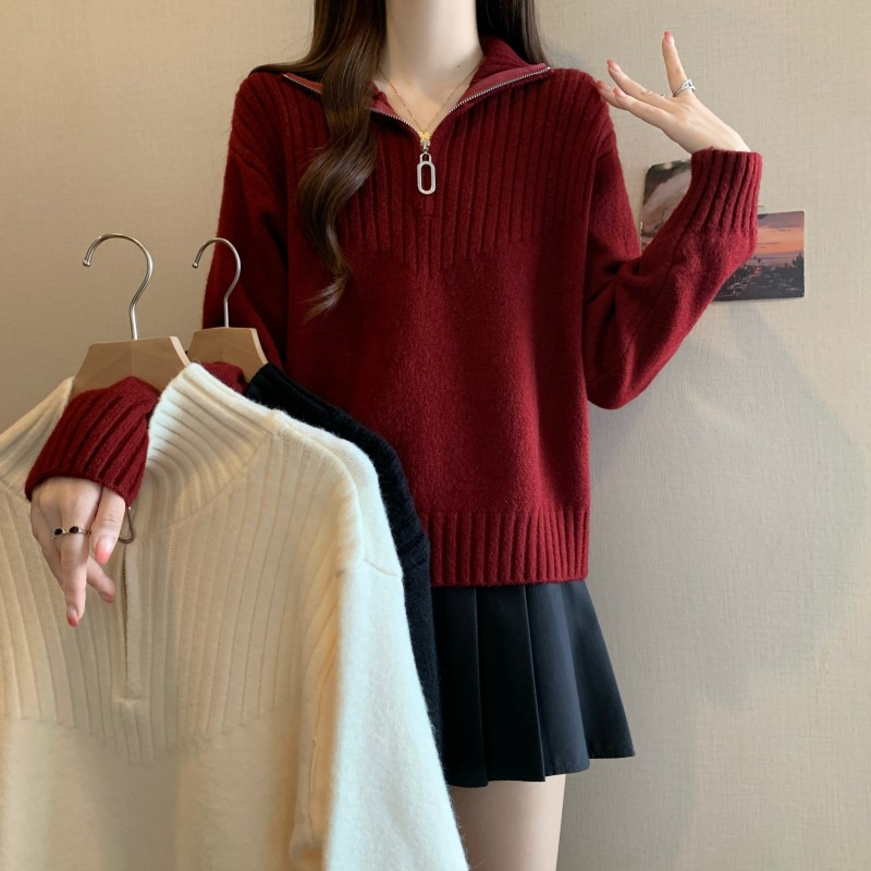 拉链翻领法式套头针织长袖上衣毛衣潮2025年秋冬新款大码胖MM女装
