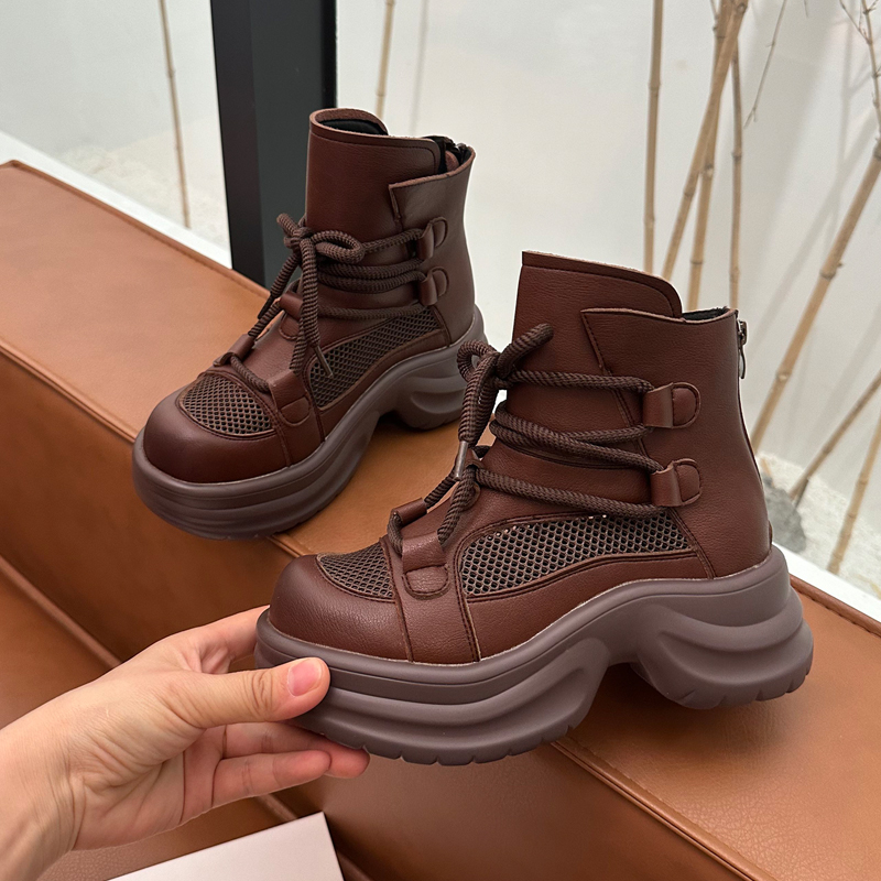 网纱马丁靴女夏季薄款镂空2025增高小个子复古棕色英伦风透气短靴