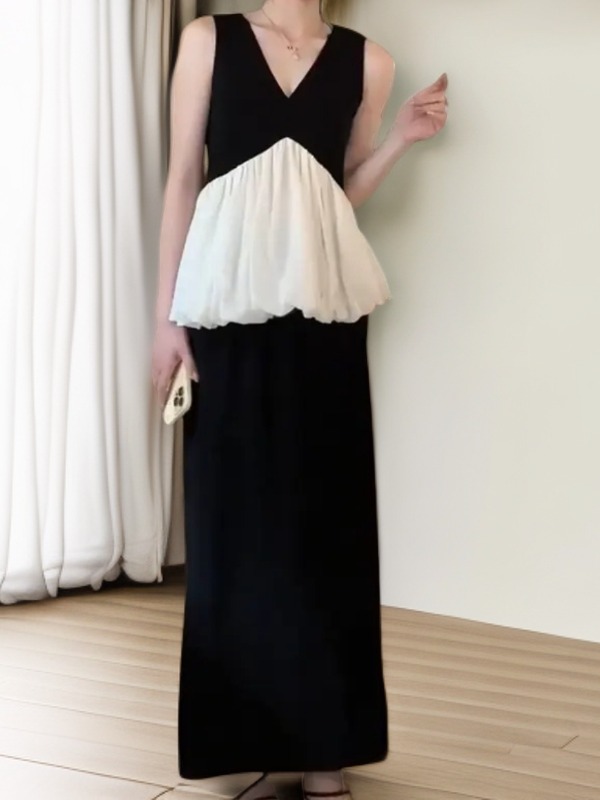 休闲风时尚套装黑色气质拼接夏季显瘦外穿法式长款