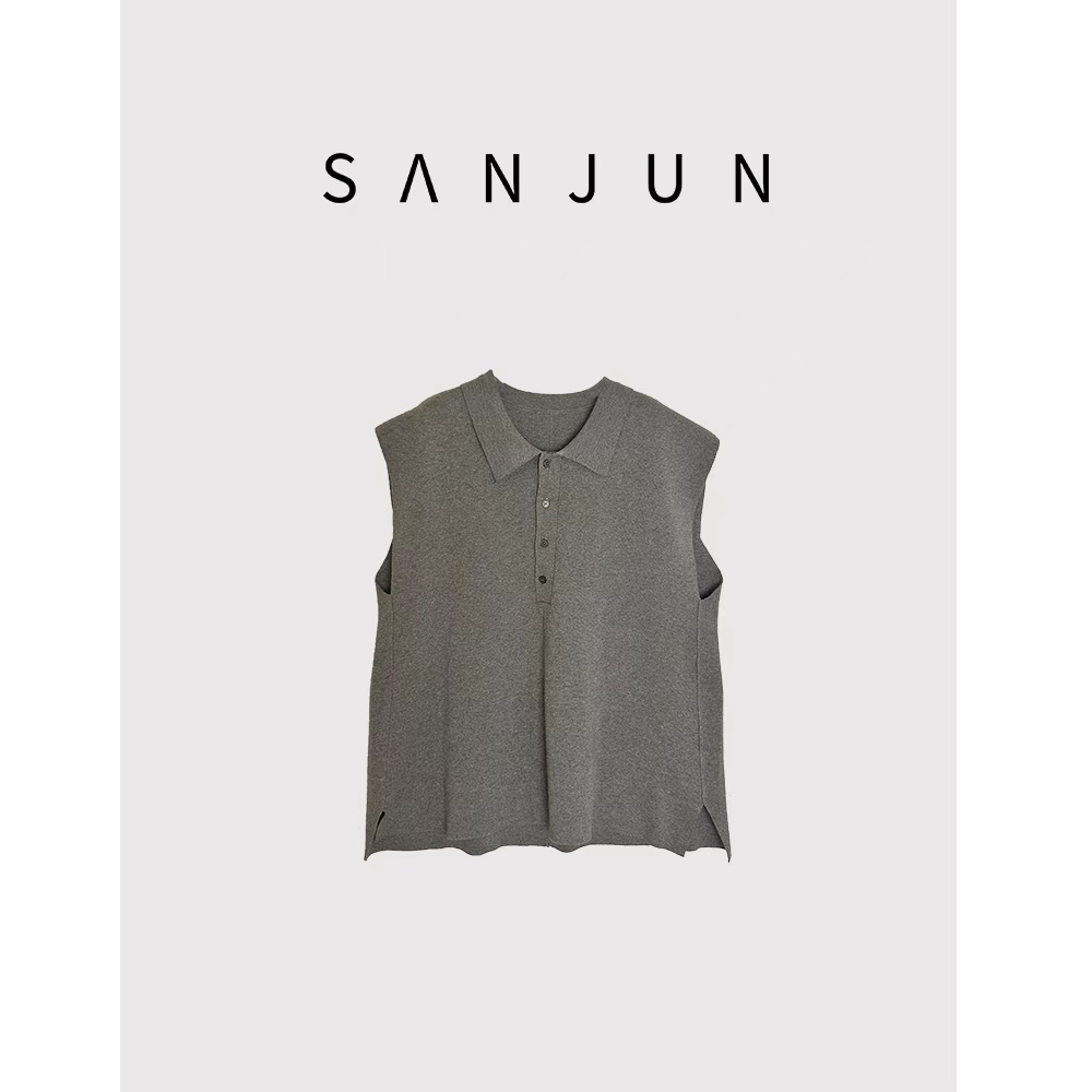 SanJun高端定制韩系简约风灰色针织宽松套头坎肩马甲 50186