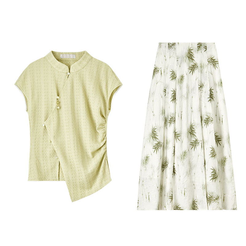 国风新中式立领收腰上衣竹叶印花珠片绣A字半身裙套装55076