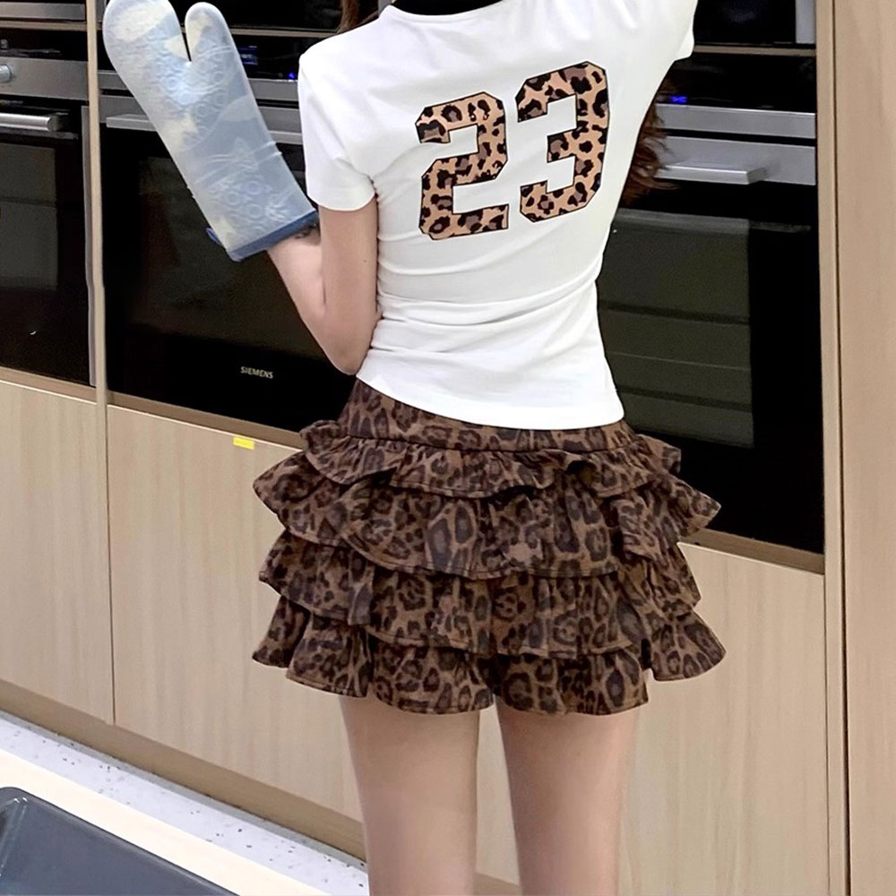 古早辣妹豹纹短裙女2025年夏季新款高级感荷叶边蓬蓬蛋糕半身裙女